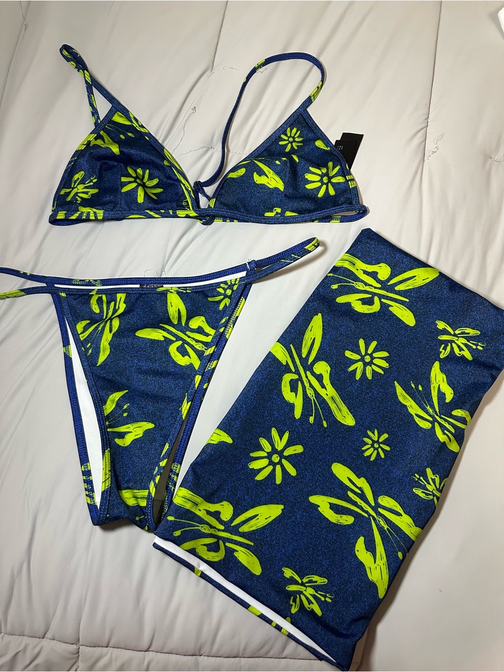 Neon Green Floral Butterfly Blue Triangle Bikini Set